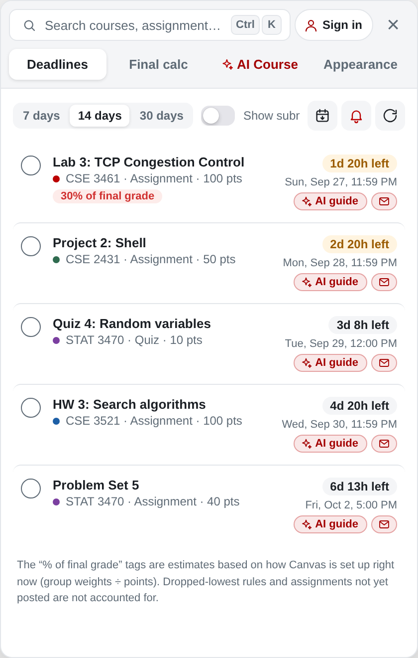 Canvas+ panel showing upcoming deadlines