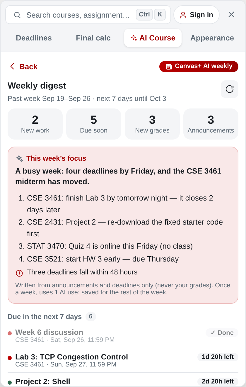 Weekly digest with priorities, deadlines and announcements