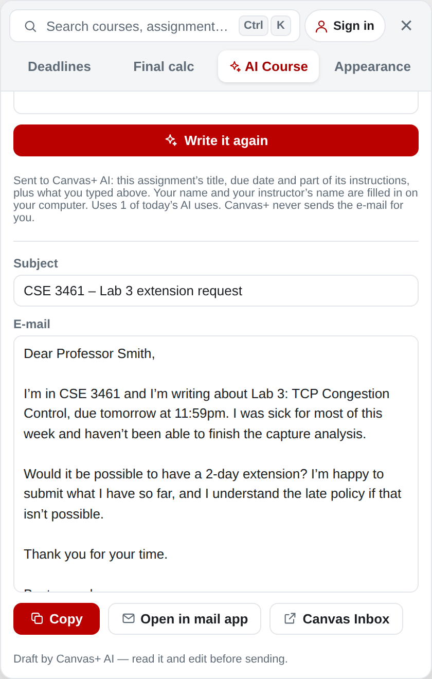 E-mail draft to a professor asking for an extension