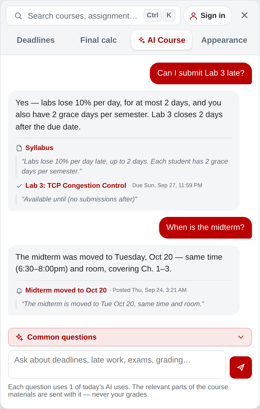 Course Q&A answering with quotes from the syllabus