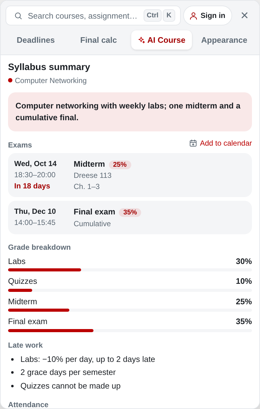 Syllabus summary with exam dates and grade breakdown